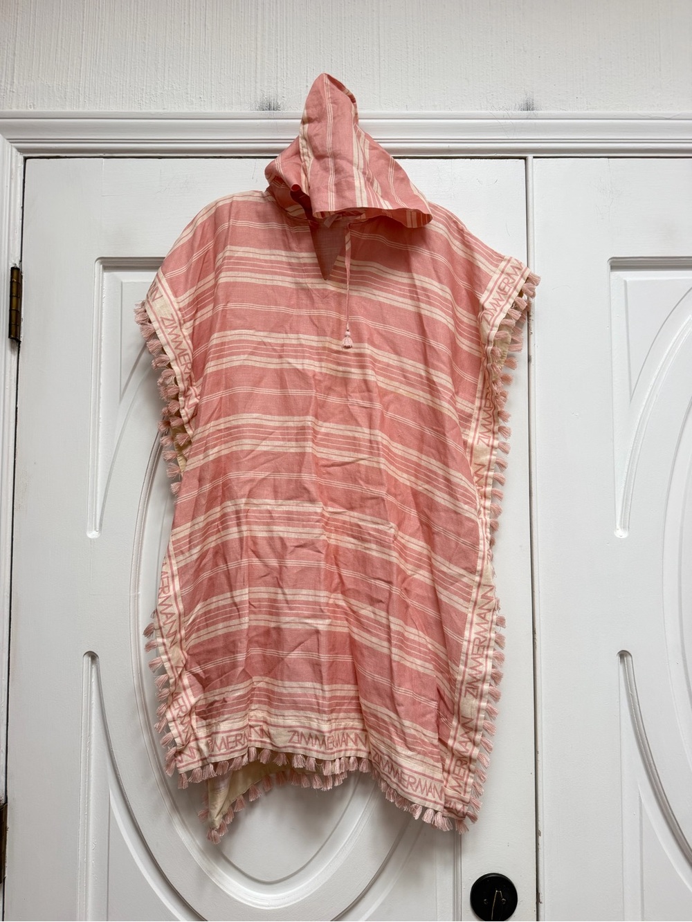 Zimmerman Kids Hooded Poncho Top in Dusty Pink Stripe 10